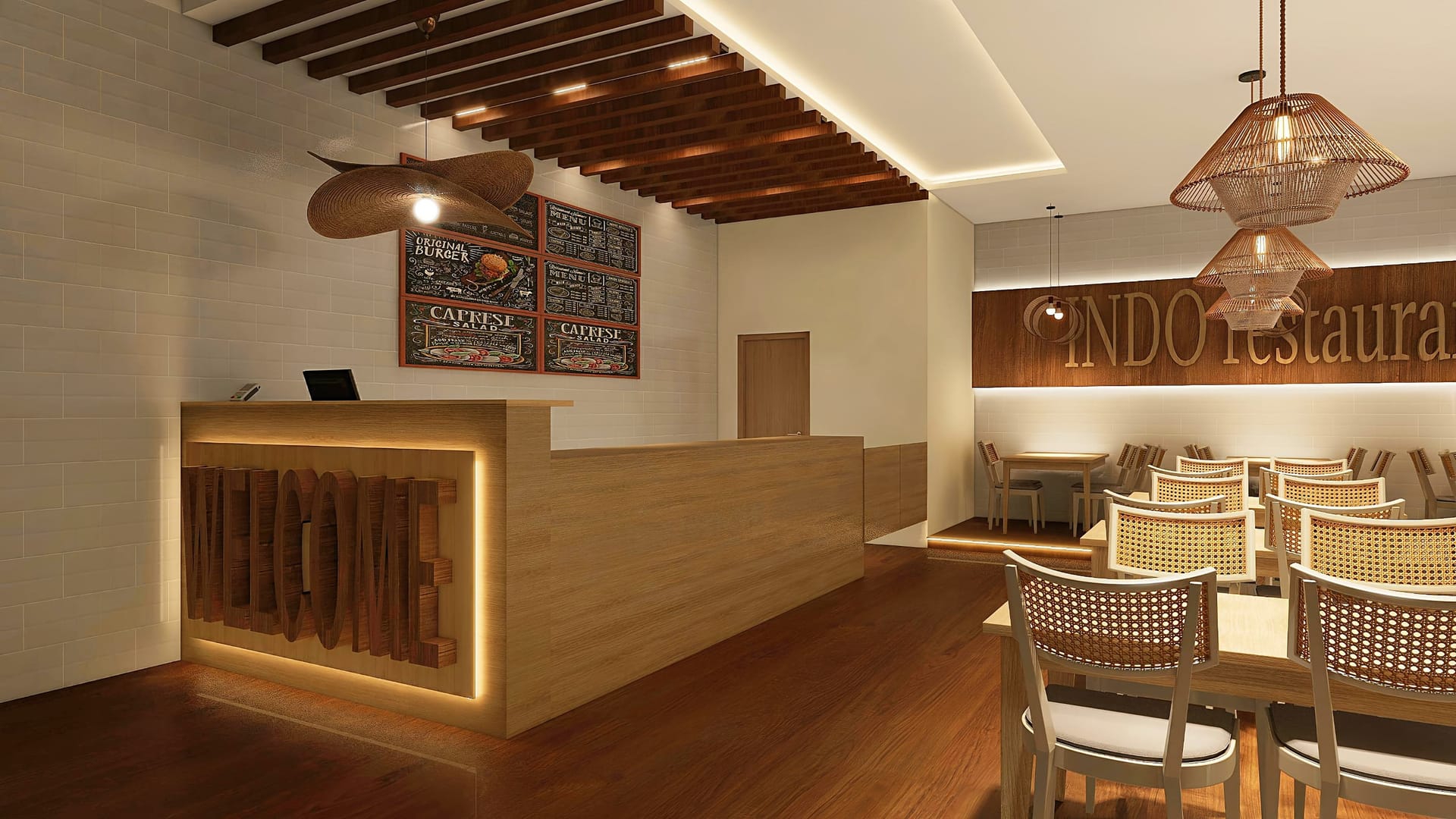 Commercial restaurant interior with atmospheric lighting and custom booth joinery