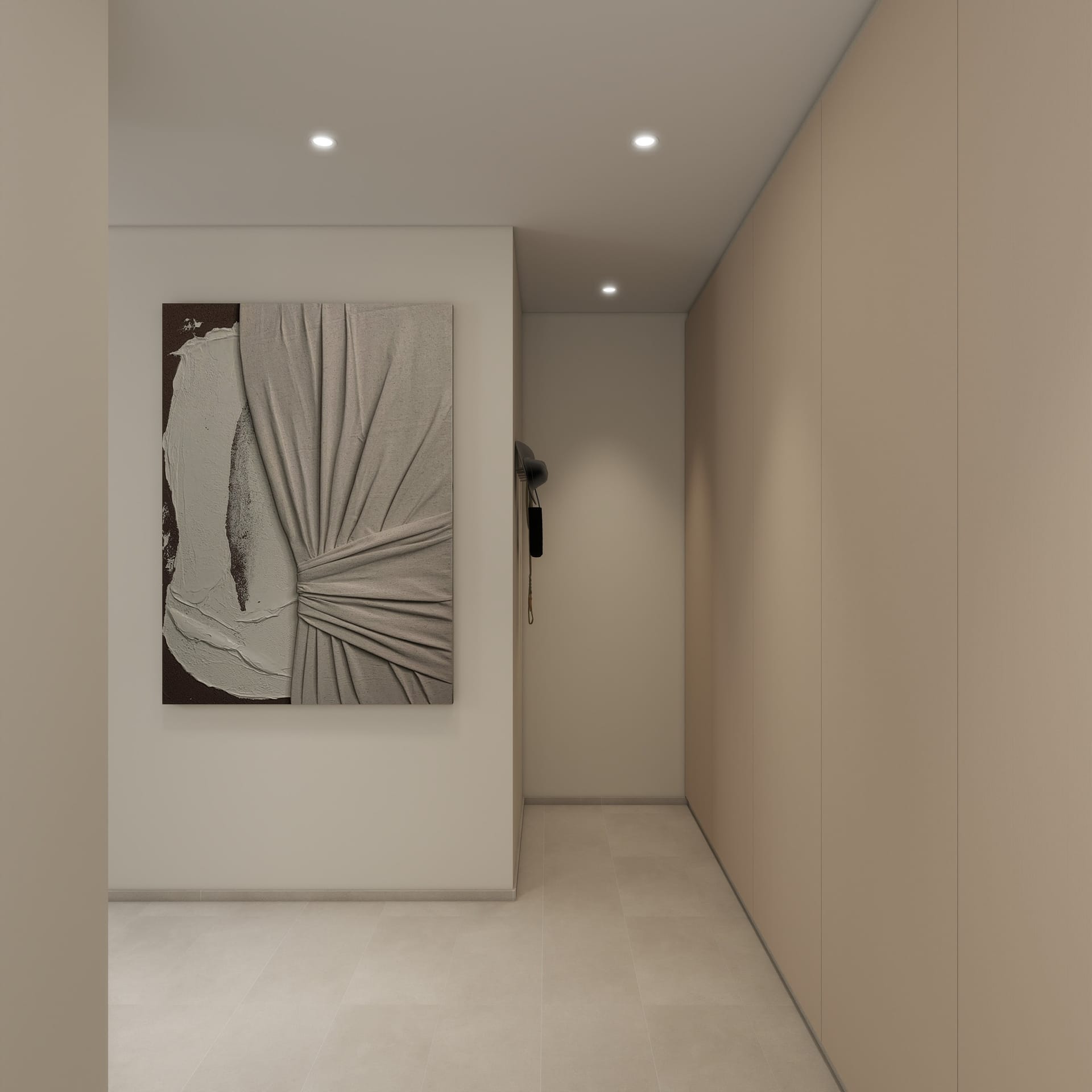 Jurong Residential living hall with curved drywall and concealed storage TV wall