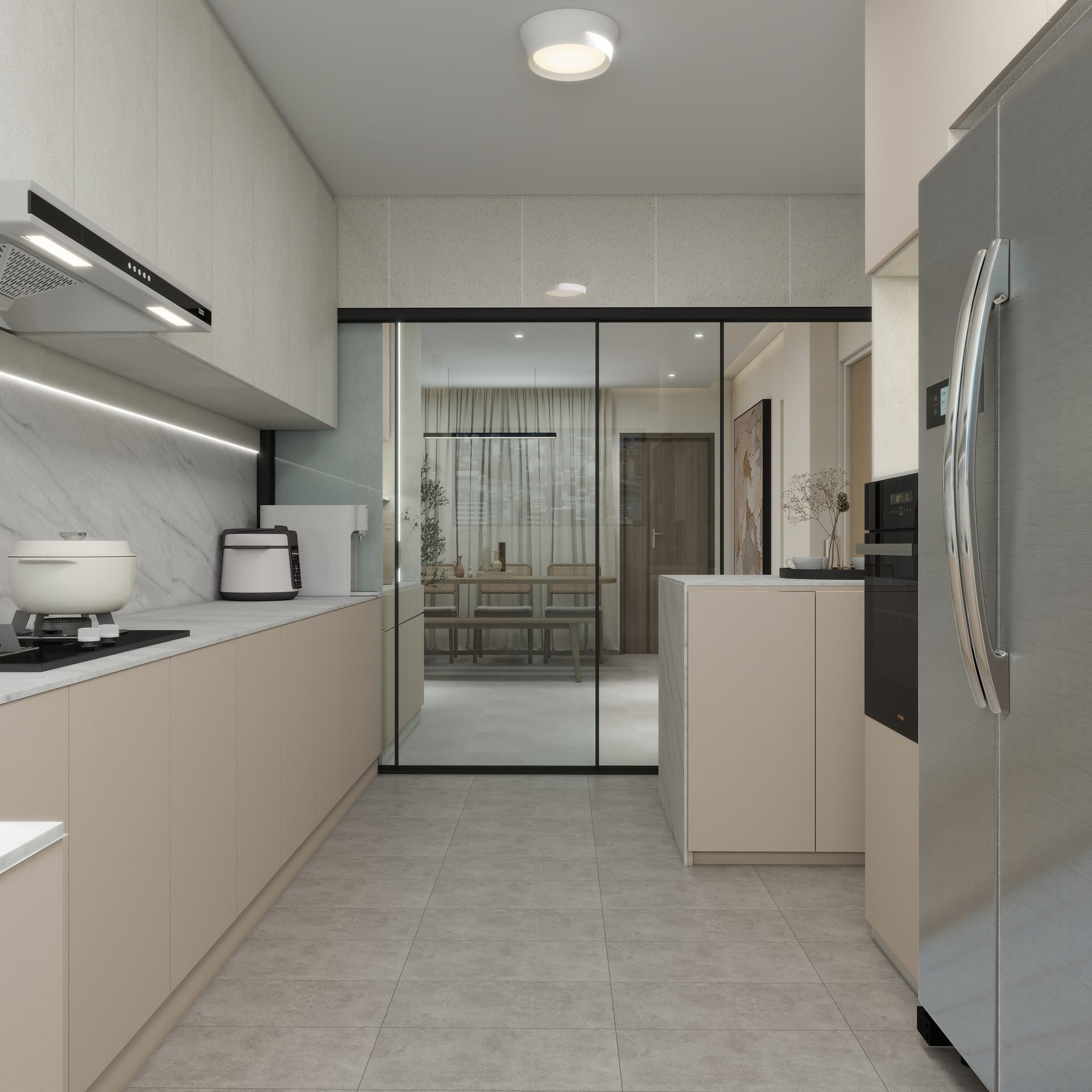 Tengah Residential eco-modern interior with custom shoe cabinet and concealed DB box panelling