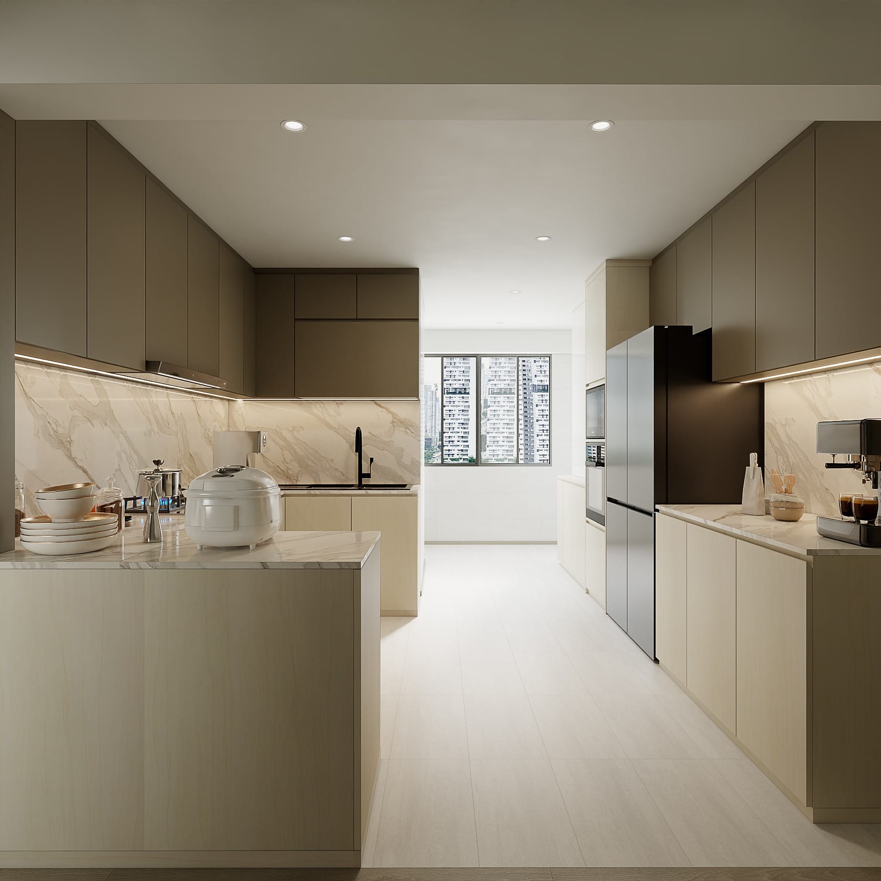 Serangoon warm transitional interior with custom back-lit shelving