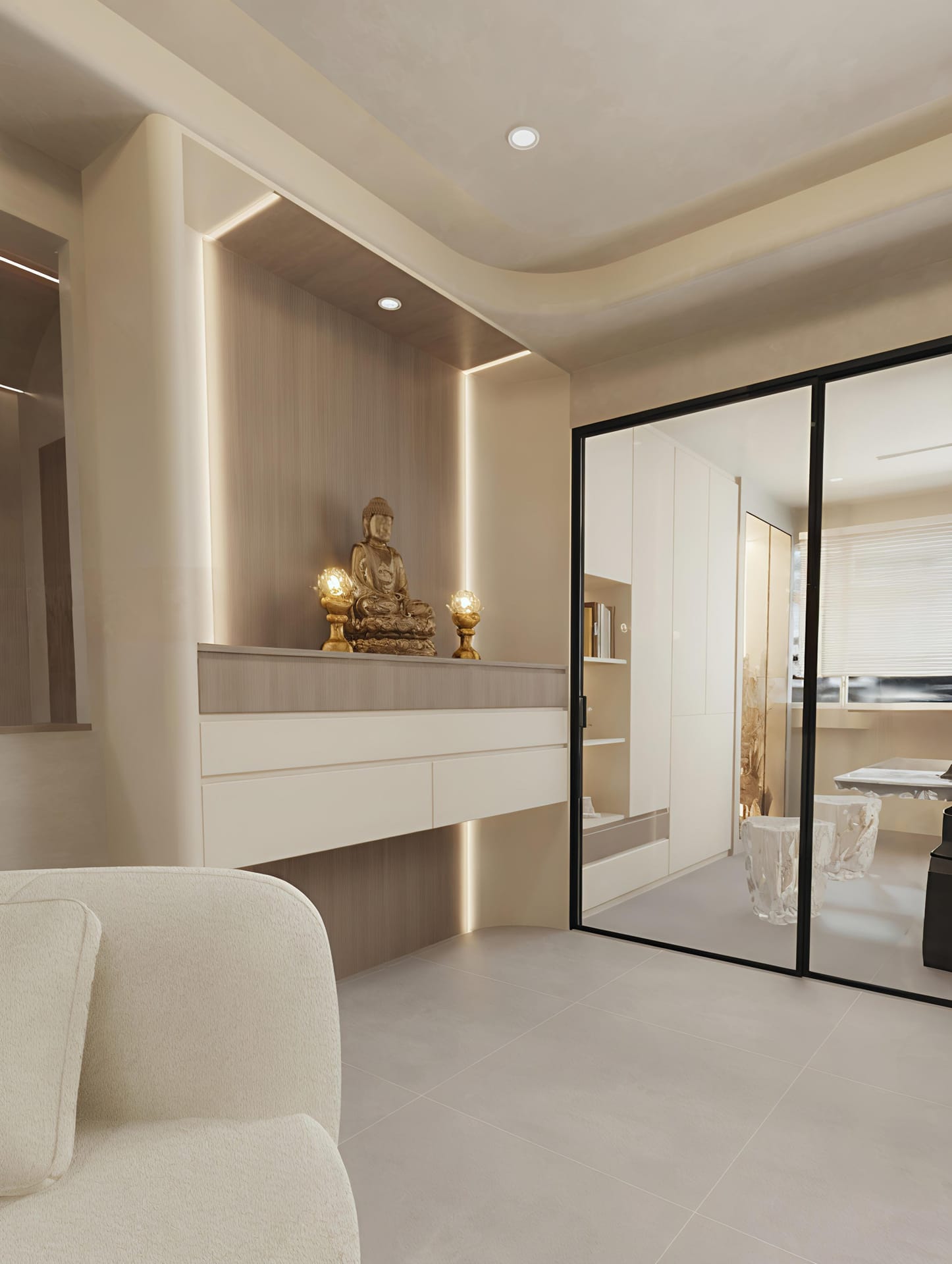 Seng Kang modern apartment with marble-look sintered stone splashbacks and recessed LED lighting