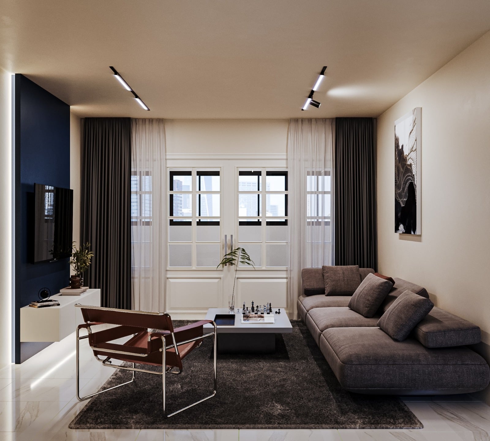 Westwood executive condominium with stone slab feature backdrop
