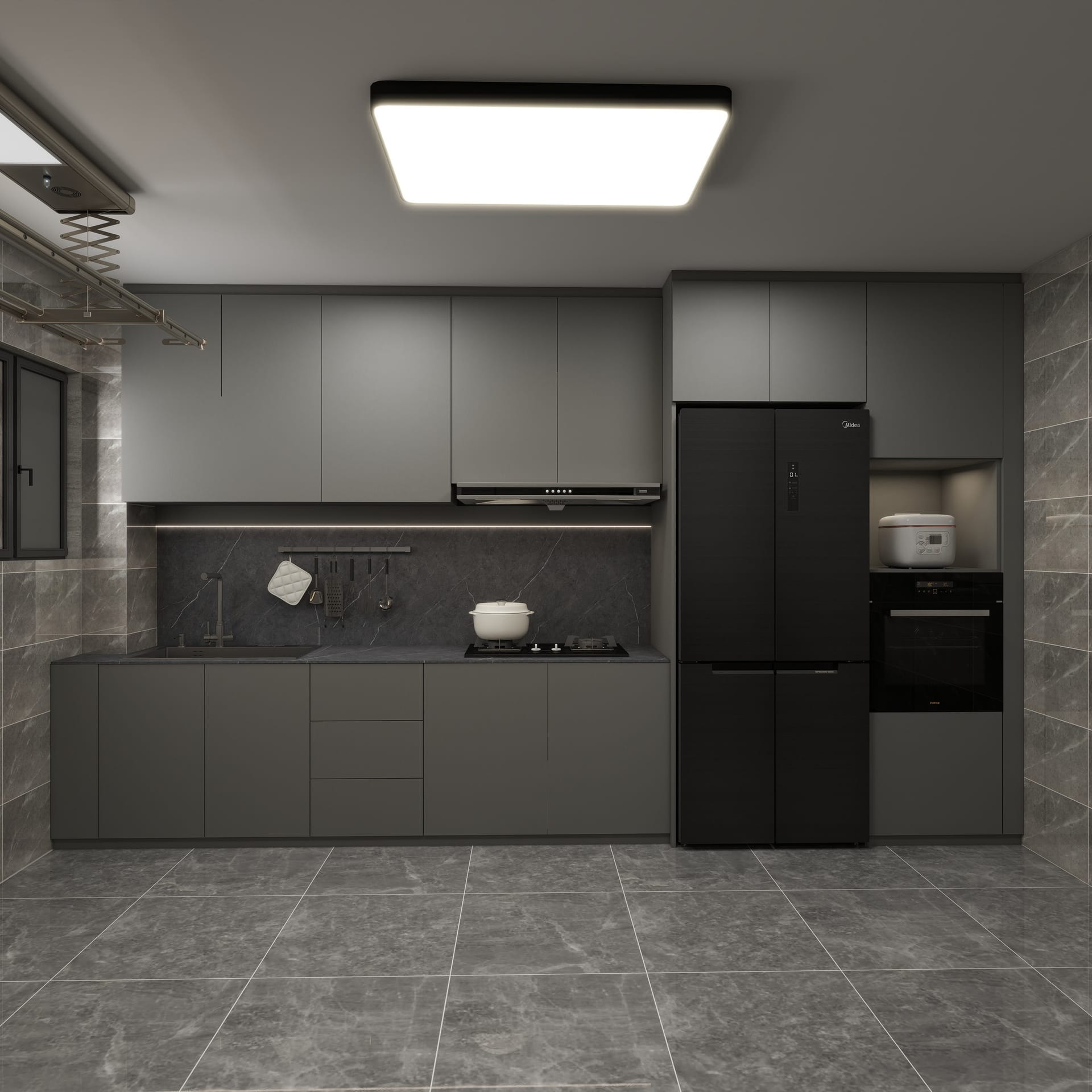 Yishun Japandi interior with light oak laminates and fluted sliding glass door